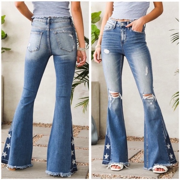 Bridge by Gly Elliott High Rise Super Flare Star Patriotic Distressed Jeans - Picture 1 of 7